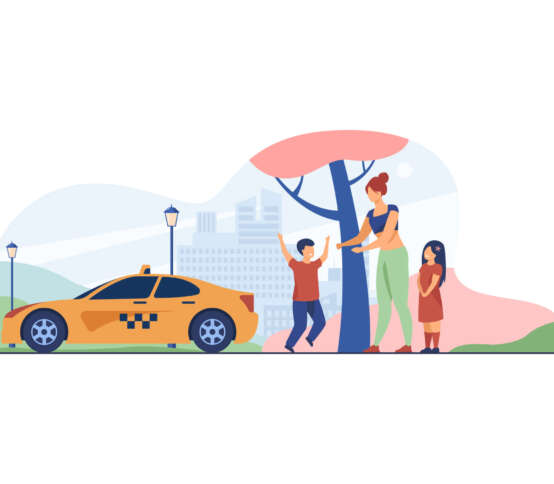 Woman with children catching taxi Woman with children catching taxi. Kid, vehicle, city flat vector illustration. Transportation and urban lifestyle concept for banner, website design or landing web page